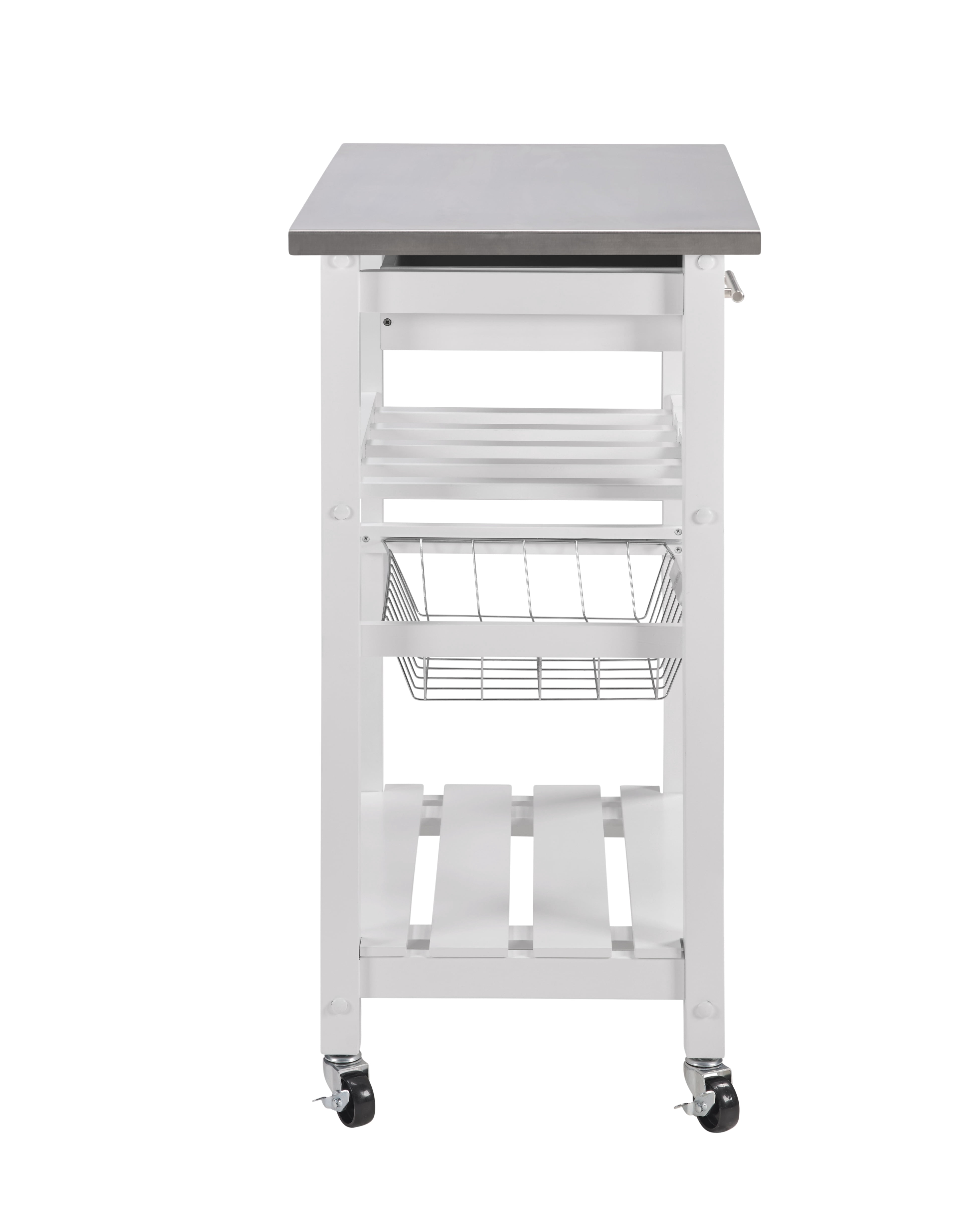 MAYEERTY Mobile Rolling Kitchen Island with Stainless Steel Work Surface, Drawer & Storage Basket