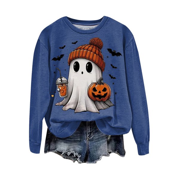 Kakishop Women's Halloween Shirts Spooky Season Shirts Women Cute Halloween Ghost Tshirts Funny Long Sleeve Fall Gifts Shirt,Navy