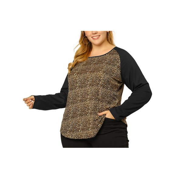 MODA NOVA Juniors' Plus Size Halloween Scoop Neck Leopard Raglan T-Shirt Brown 2X