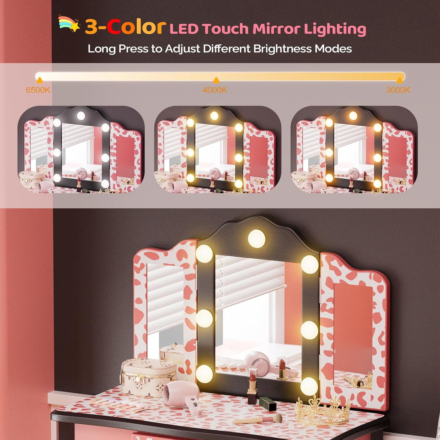 Matladin Kids Vanity Table and Chair Set with Leopard Print, Tri-Fold Mirror & Lights, Girls Vanity, Princess Makeup Desk for Girls