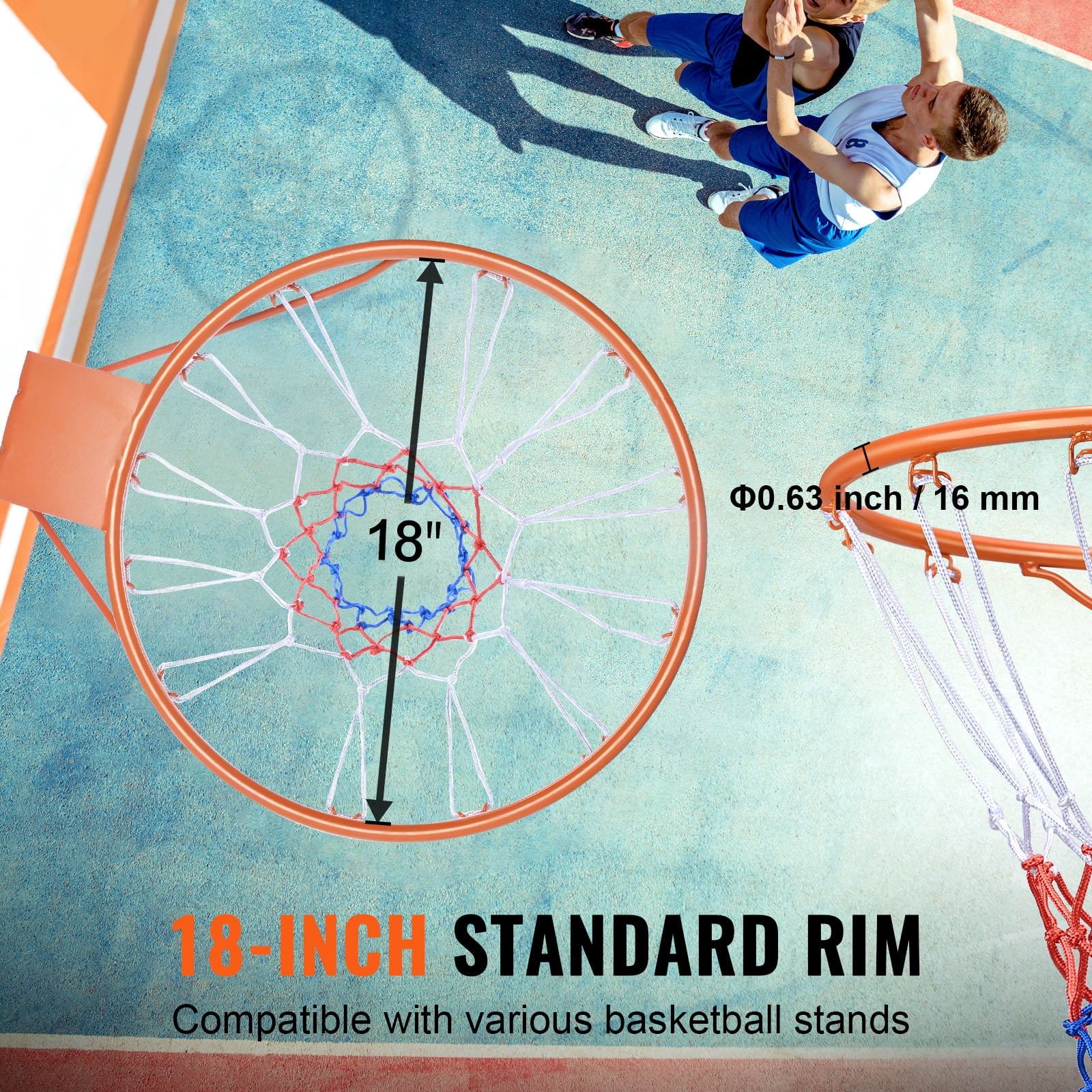 KFFKFF Basketball Goal, Attachable to Wall or Door, Robust Q235 Basketball Flex Rim Substitute with Net, Conventional 18" Indoor and Outdoor Suspended Basketball Hoop for Children and Adults