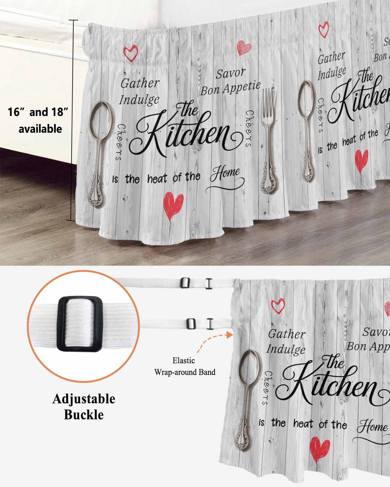 Grey Retro Art Wrap Around Bed Skirts for Queen Bed 16" Drop,Bed Skirt with Adjustable Elastic Belt Dust Ruffle Bed Valance for Bedroom Hotel Spoon Fork Vintage Farmhouse Wooden Bed Frame Cover