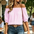 thumbnail image 6 of Ayolanni Short Sleeve 2026 Vacation Clothes Plaid V-Neck Elastic Ruffled Blouse Puff Off the Shoulder Casual Loose T-Shirt Womens Tees Pink XXXL, 6 of 8