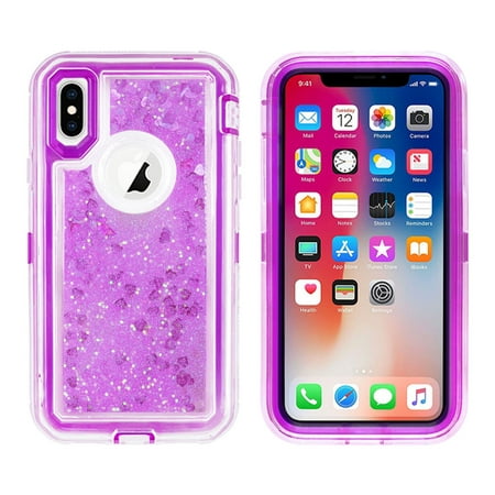 SOATUTO Case for iPhone X,3 in1 Layers Hybrid Liquid Glitter Flowing Quicksand case Clear Soft Shockproof TPU Slim Protective Cover for iPhone X/XS(Purple)