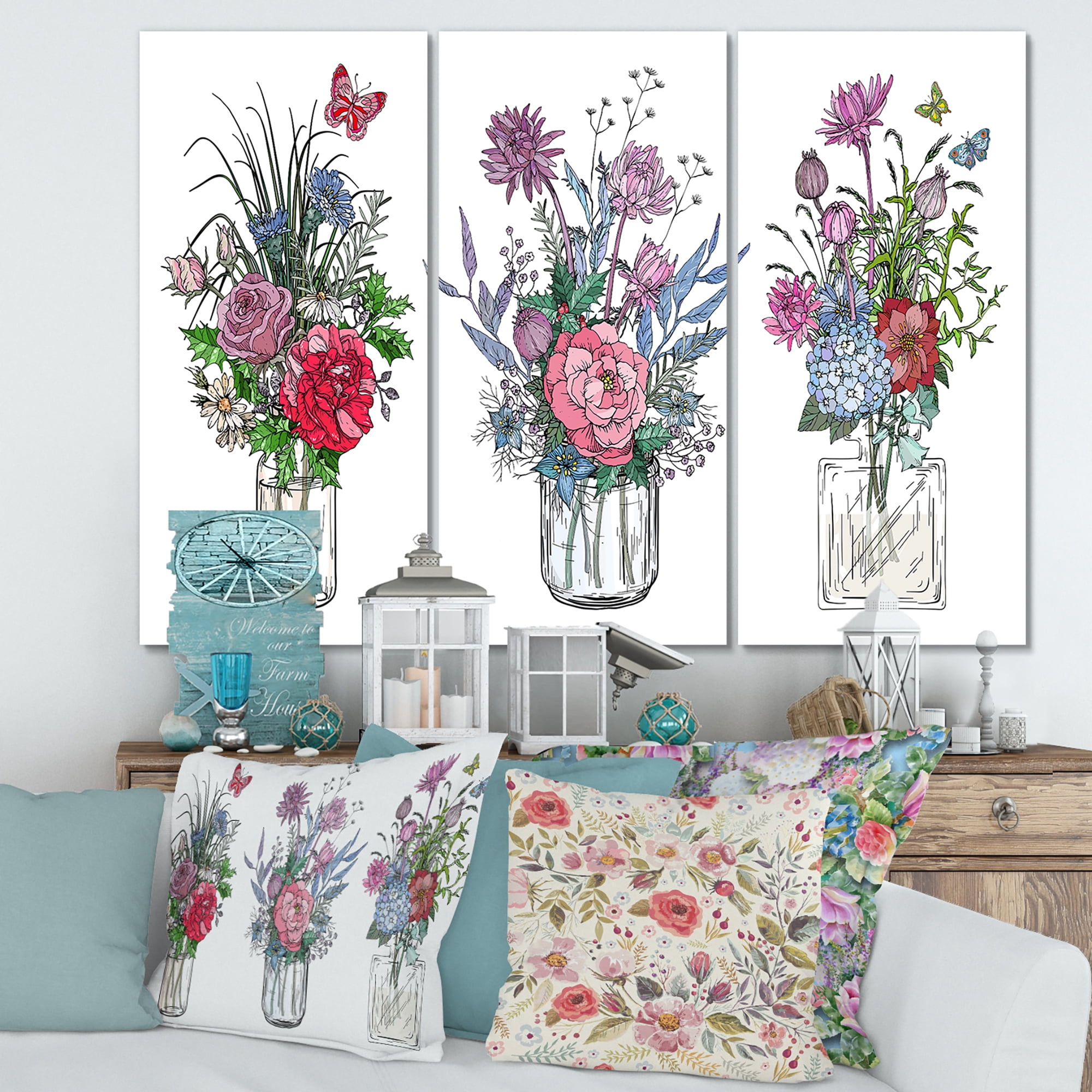 Designart ' Transparent Vases With Bouquets of Wildflowers I ' Farmhouse Canvas Wall Art Print