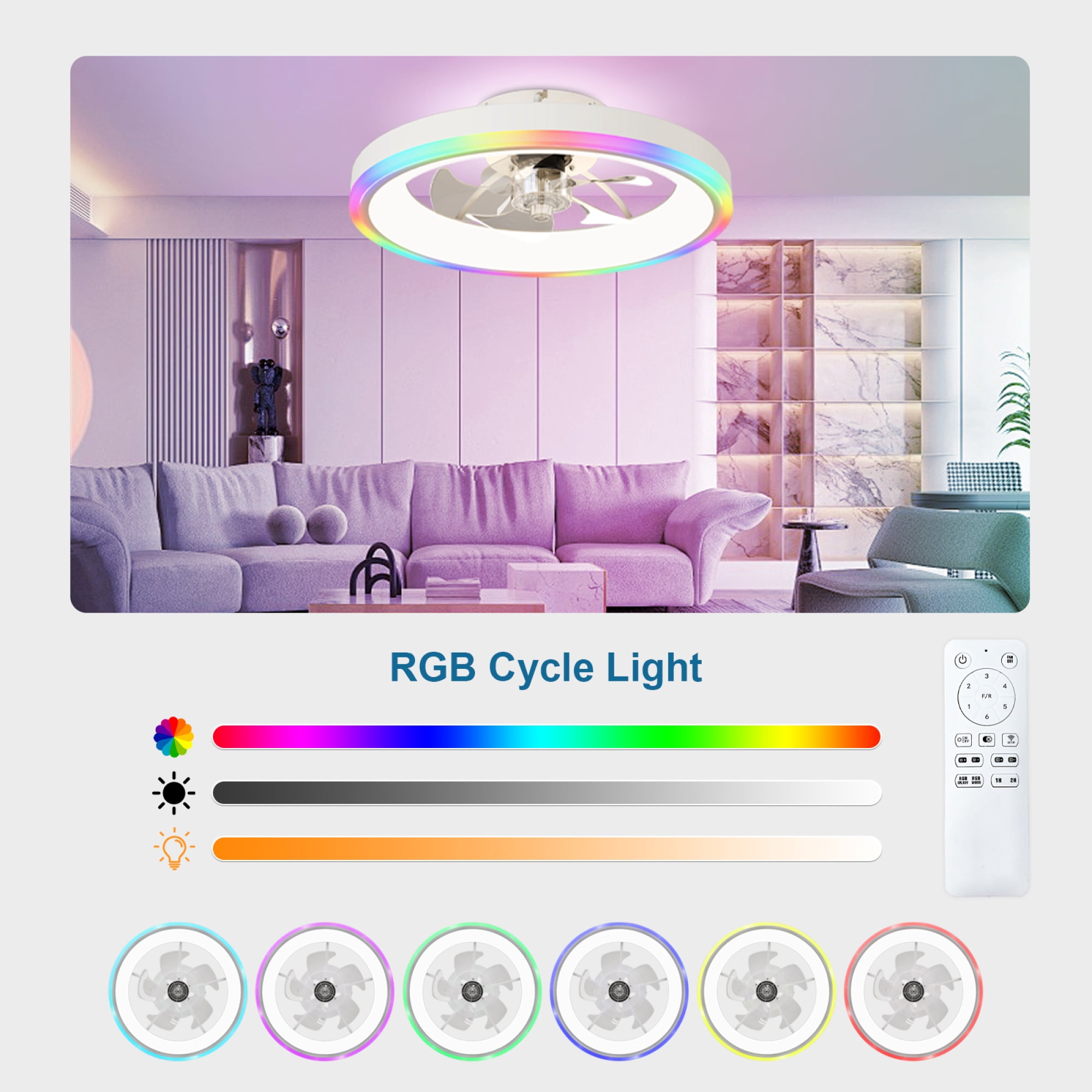 Leumius 19.7" Modern RGB Ceiling Fan with Lights, Flush Mount Low Profile Fan with Remote & APP, 6-Speed Reversible Silent DC Motor, Dimmable 3000-6500K LED for Bedroom Living Room White