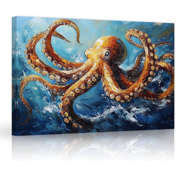 ZHONGYUTONG Abstract Octopus Canvas Wall Art Sea Animal Pictures Wall Decor Ocean Octopus Painting for Living Room Bathroom Decor Framed (12.00" x 18.00")