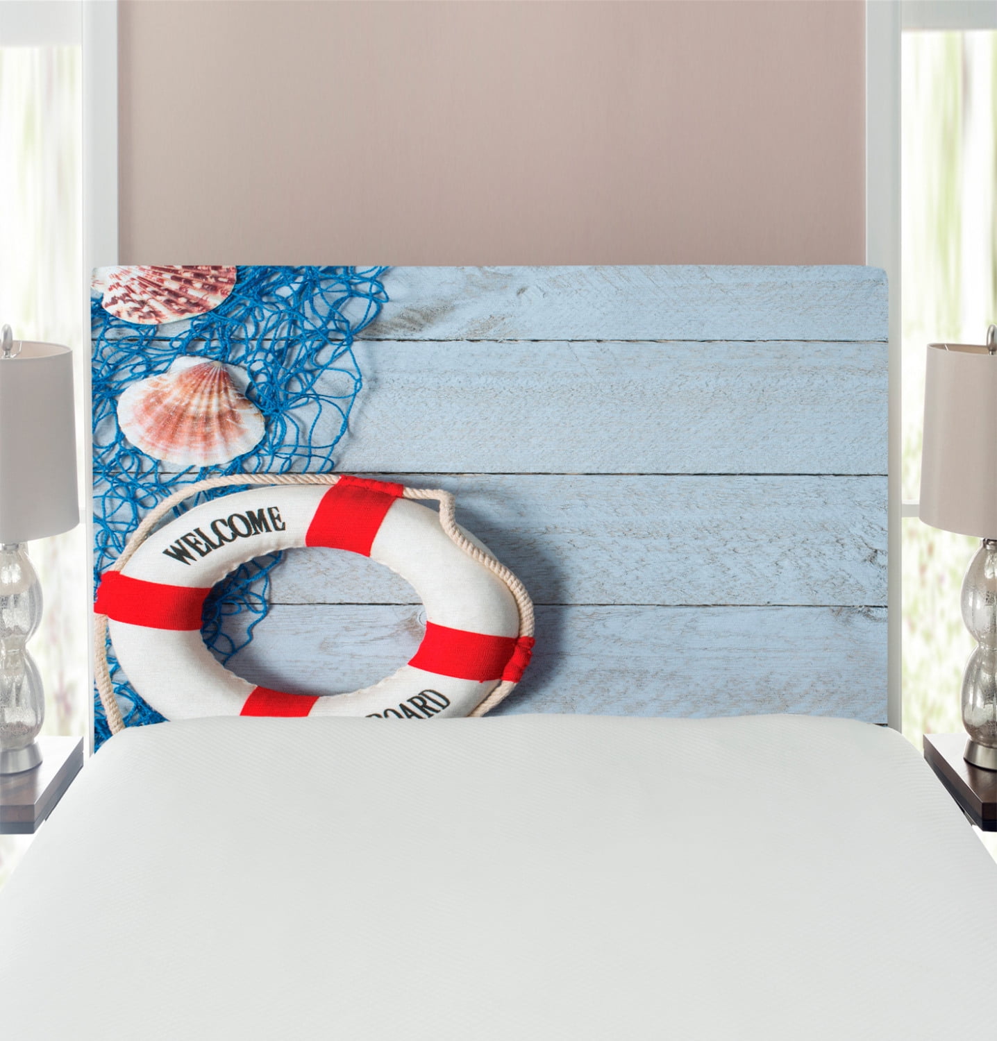 Coastal Headboard, on Board Message on Life with Fishing Net