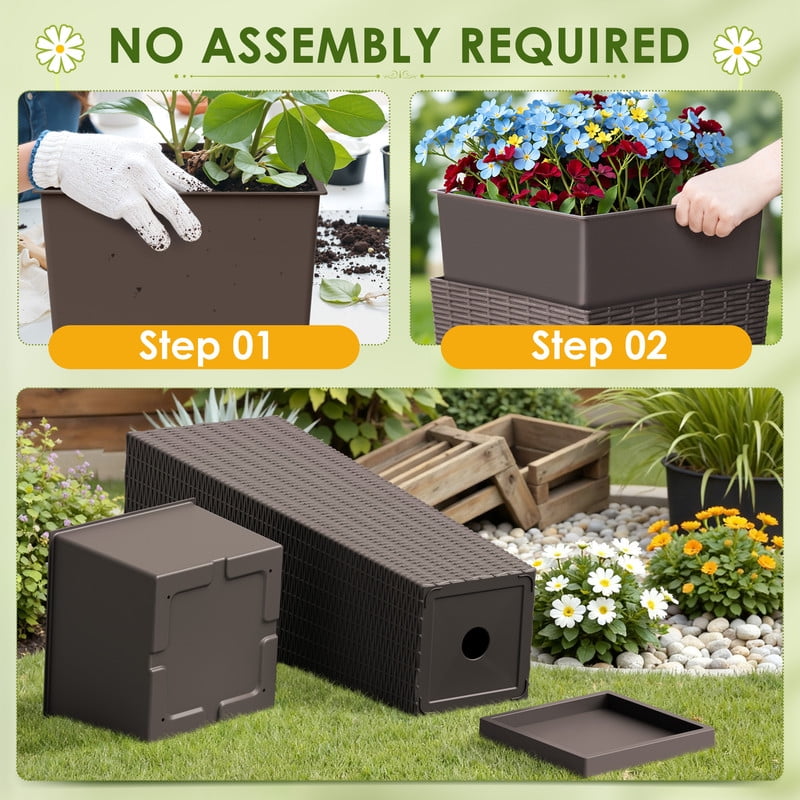 Homall 2-Pack 32" Tall Outdoor Plastic Planters with Inside Pots, Drainages and Trays, Rattan - Patterned for Patio Decor