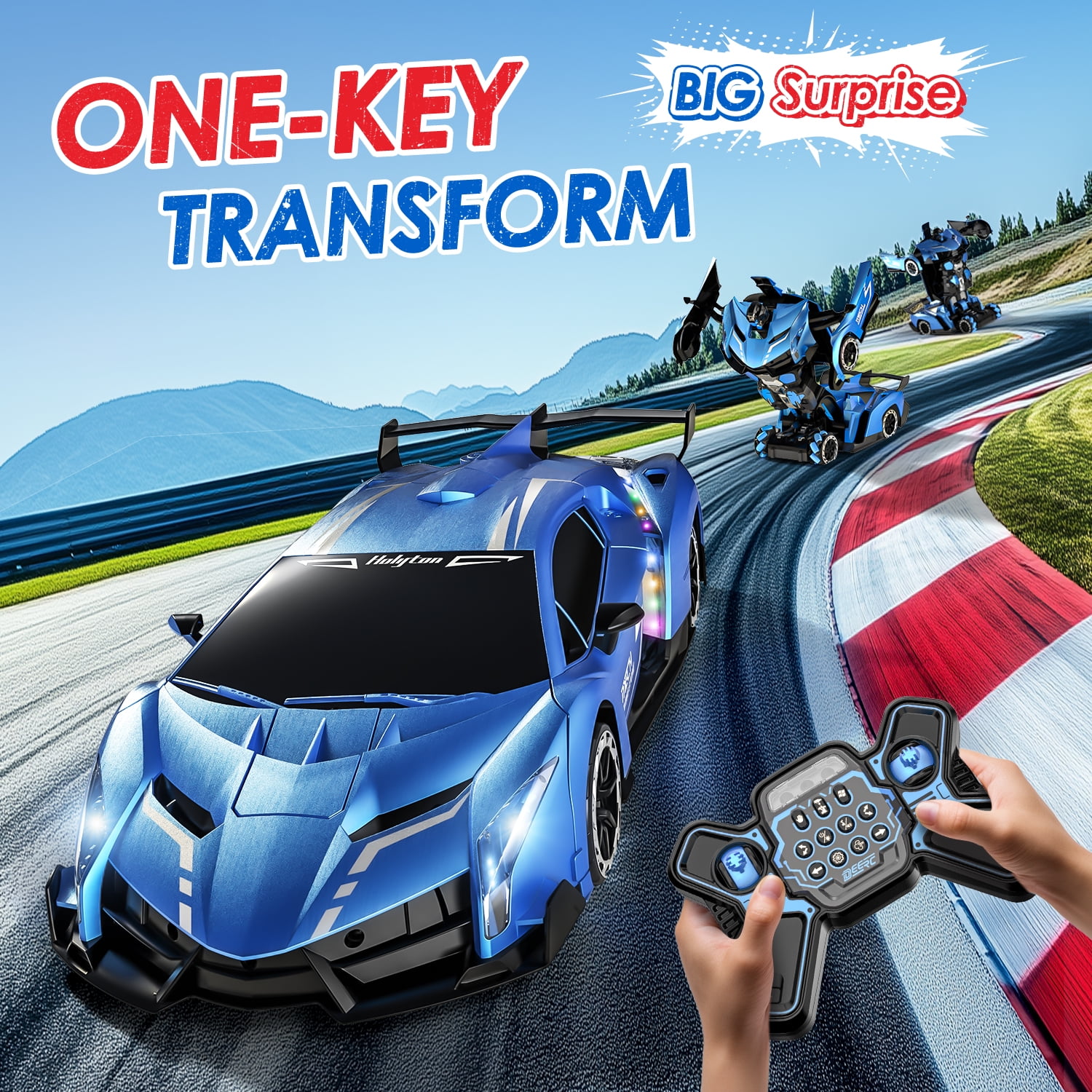1:10 Big Size Transform RC Car for Kids, Gesture Sensing, One-Button Robot, LED Lights, Music & Fog Spray, Ages 5-12