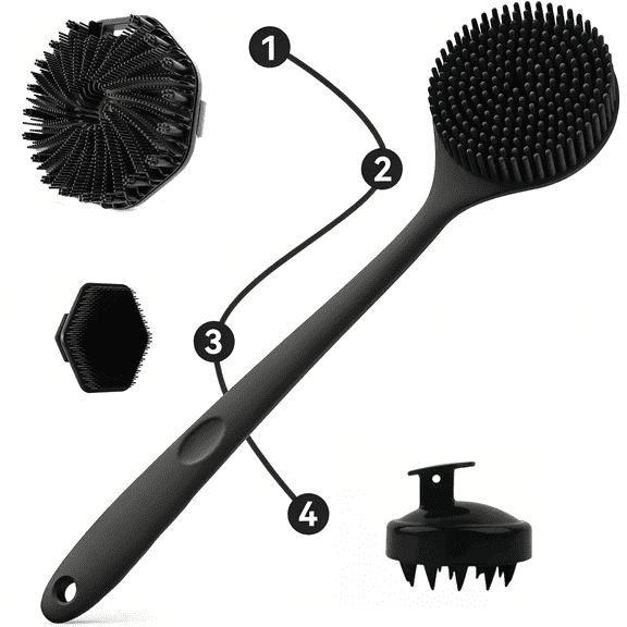 4PCS Silicone Back & Body Scrubber Set, Dual-Sided Exfoliating Bath Brush with Long Handle and Non-Slip Grip