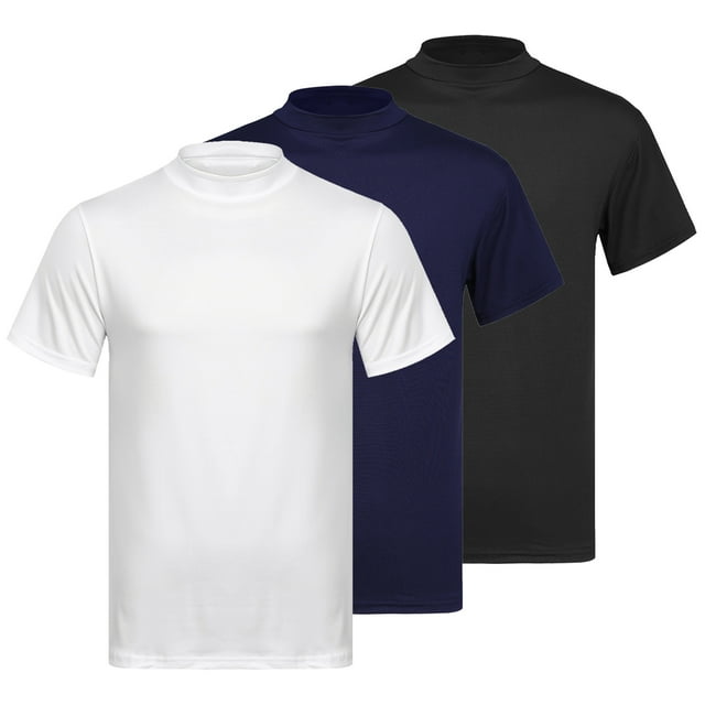 MSemis 3 Pack Men's Casual Mock Turtleneck Pullover Tops Short Sleeve Slim Fit T-Shirts in black, blue, and white, size XL. The set includes three solid-colour t-shirts made of 80% polyester and 20% cotton, featuring a mock neck, short sleeves, and a slim fit design. Suitable for casual wear, layering under jackets, or pairing with jeans for everyday activities.
