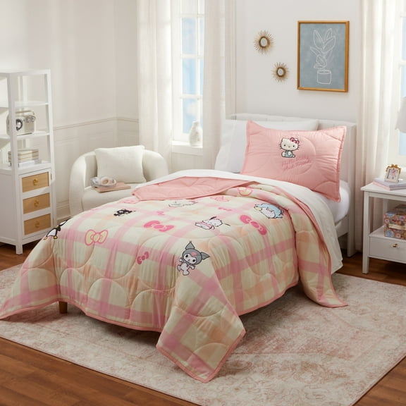Hello Kitty and Friends Pink Plaid Quilt and Sham Set, Queen, Sanrio