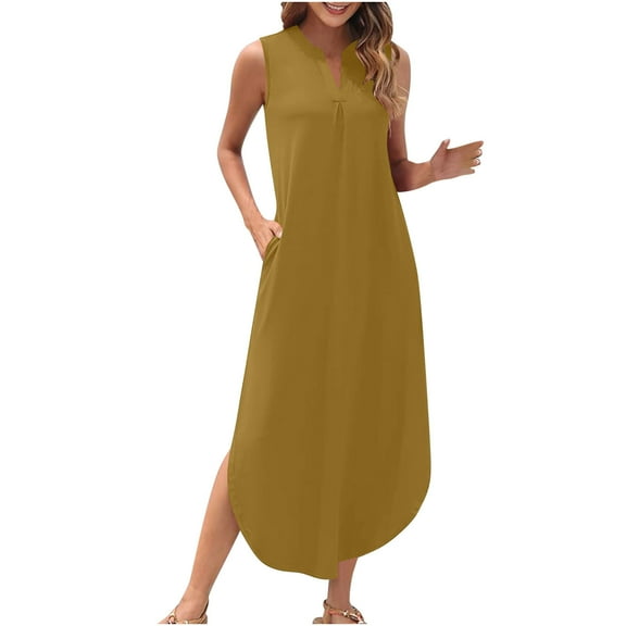 ameIAEA Summer Dresses for Women Sleeveless V Neck Casual Maxi Sundresses with Pockets