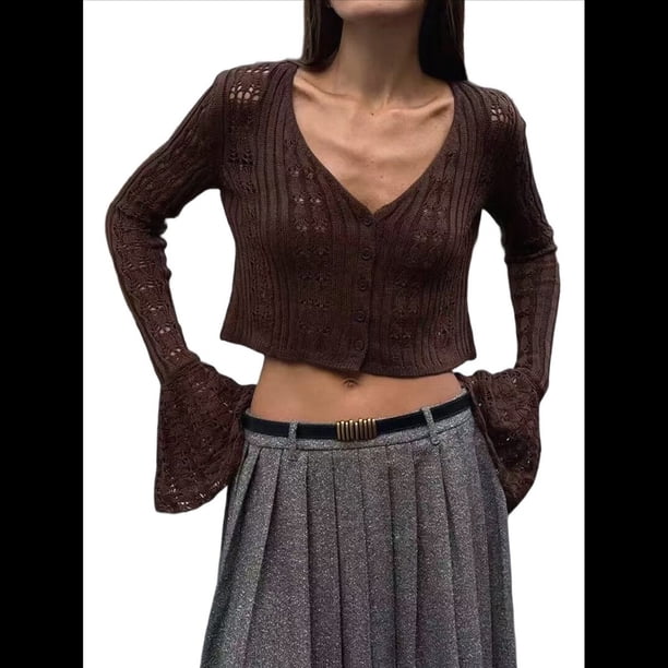 Blusa para Mujer con Cuello en V y Botones Recortados, Cárdigan de Punto con Mangas Largas Acampanadas. Color Café L
