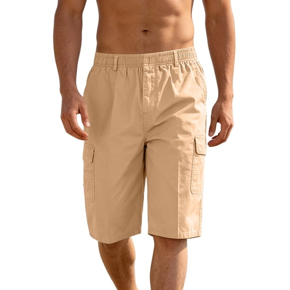FAWUUDO Men's Cargo Utility Shorts Elastic Drawstring Waist Utility Shorts with Multi-Pocket 9 Inch Loose Straight Fit Casual Shorts D-Khaki