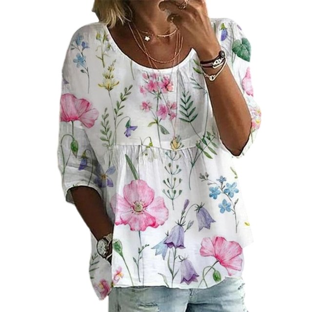 Fashnice T-shirt pour Femmes Col Rond T-shirt Imprimé Floral Hauts d'Été Tunique Décontractée de Plage Blouse Fleurs Roses G