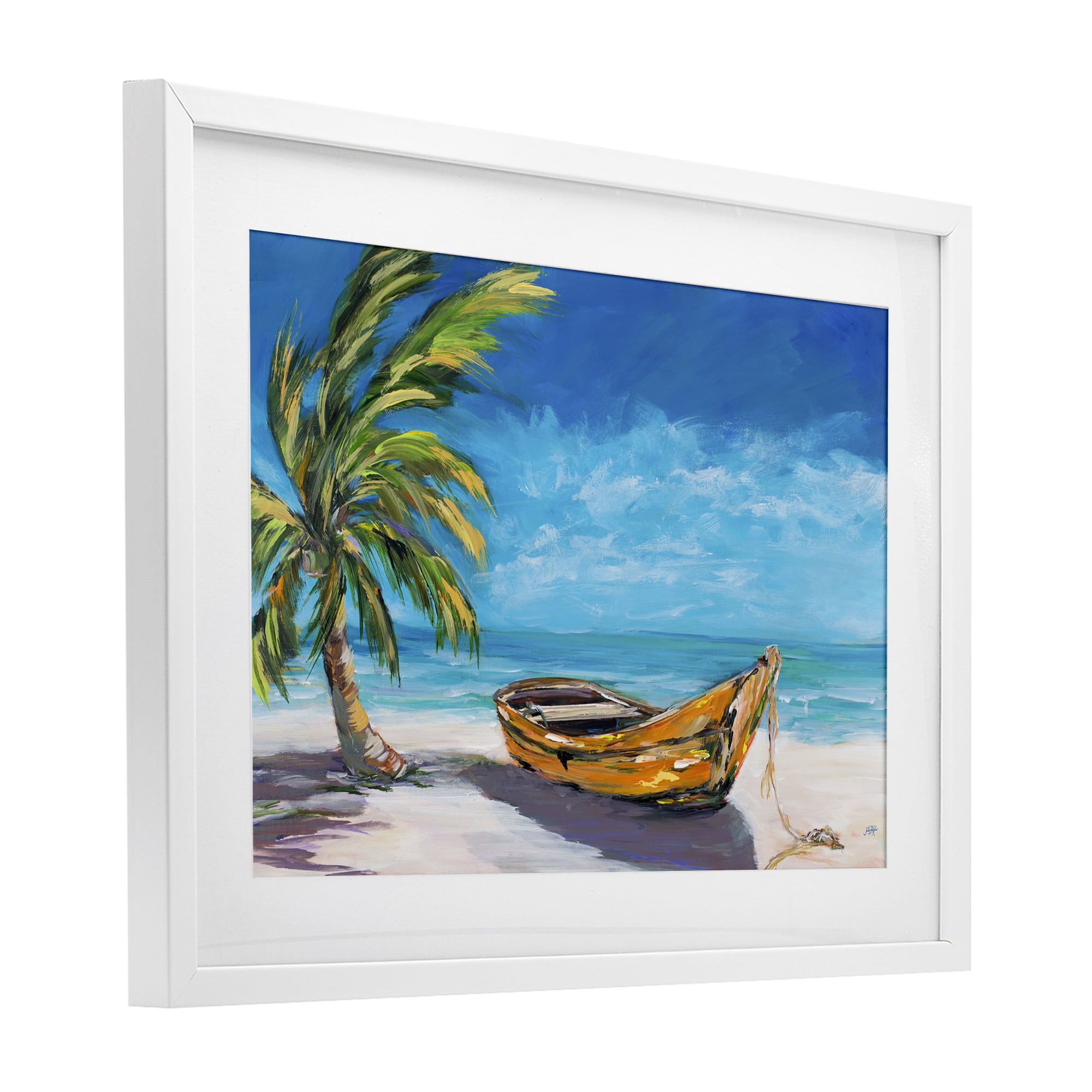 Stupell Industries Lost Island Palm & Boat White Framed Print Under Glass, design by Julie DeRice