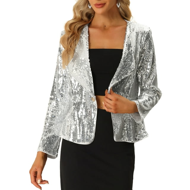 INSPIRE CHIC Women's Jacket Sequin Sparkle Shawl Collar 1 Button Long Sleeve Party Jackets S Silver