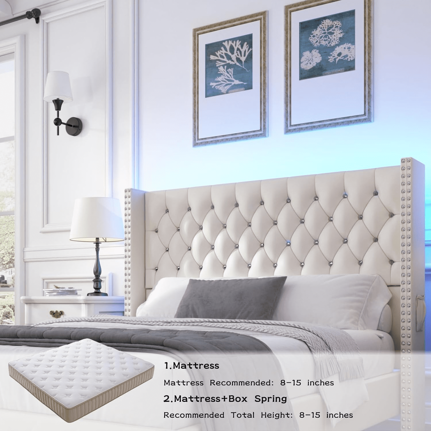 Blotout- Queen LED Upholstered Bed Frame with Wingback Headboard, Velvet Diamond Button Tufted Bed Frame USB & Type-C Ports and Side Pockets, Wood Slats Support, No Box Spring Needed