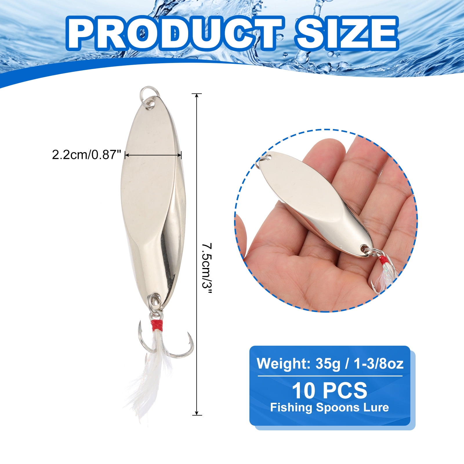 Uxcell Fishing Spoons, 10 Pcs 1-3/8 oz Fishing Lures Casting Spoon Treble Hooks Jigs Hard Metal Spinner Baits for Freshwater Saltwater Salmon, Silver Tone
