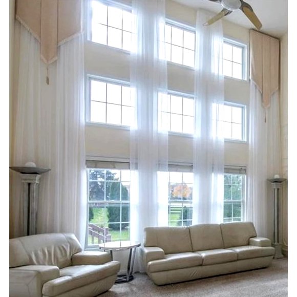 Panneau de Rideau en Voile Transparent Extra Long sur Mesure pour Plafond Haut 2 Étages. (12 Pieds, Blanc)