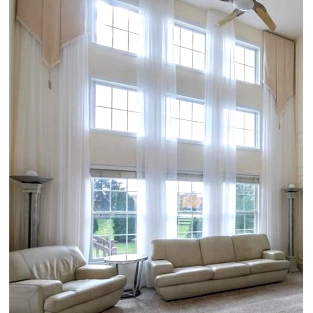 Extra Long Sheer Voile Curtain Panel Custom Made Length for high Ceiling 2 Story. (12 ft, White)