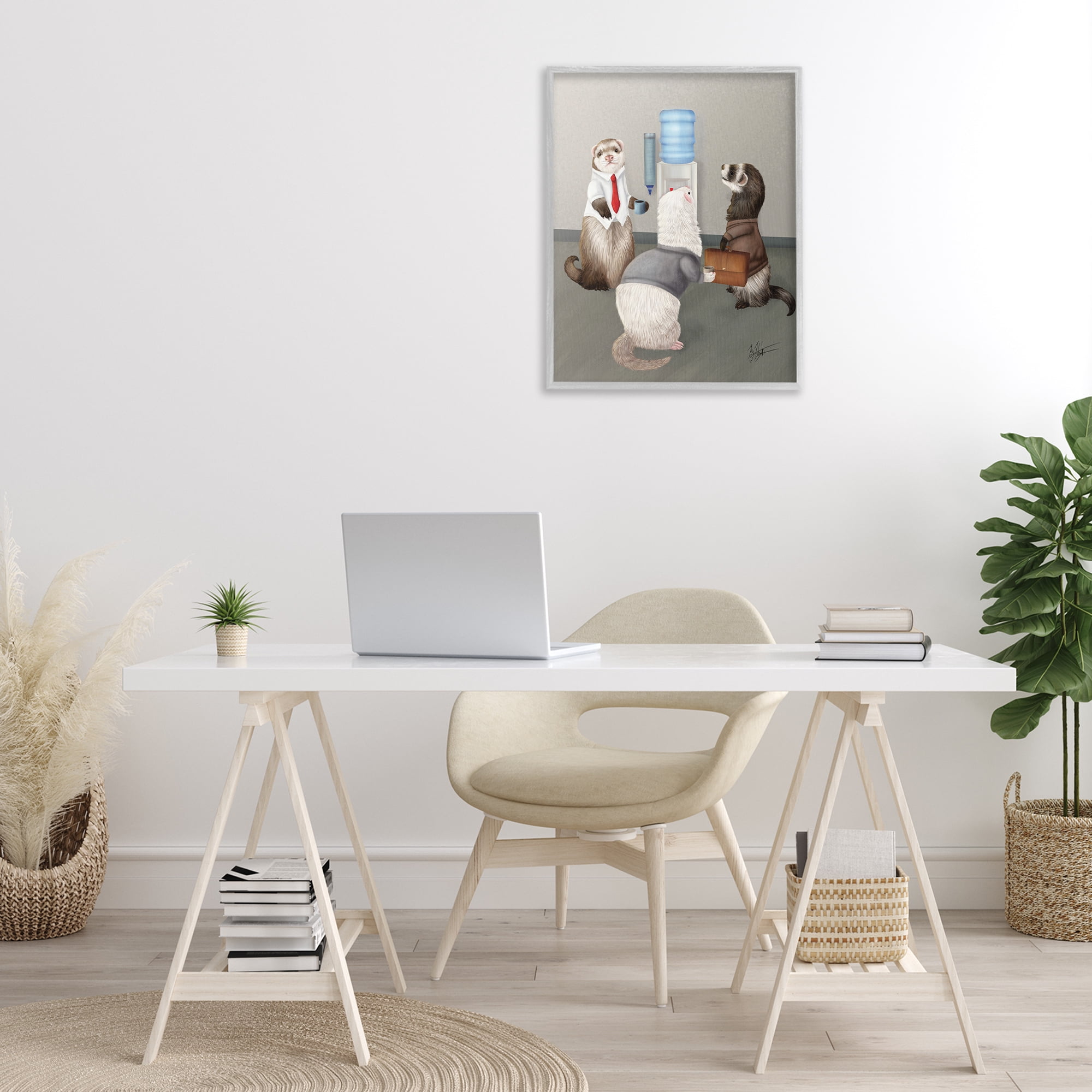 Stupell Industries Office Ferrets Water Cooler Animals & Insects Painting Gray Framed Art Print Wall Art, 24 x 30