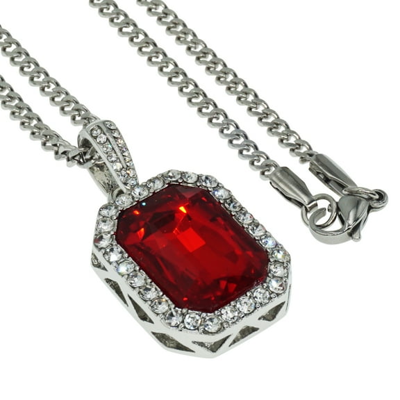 ZeaLian Silver Plated Red Crystal with Zirconia Hip Hop Rectangular Pendant Necklace Stainless Steel Cuban Chain for Men Women