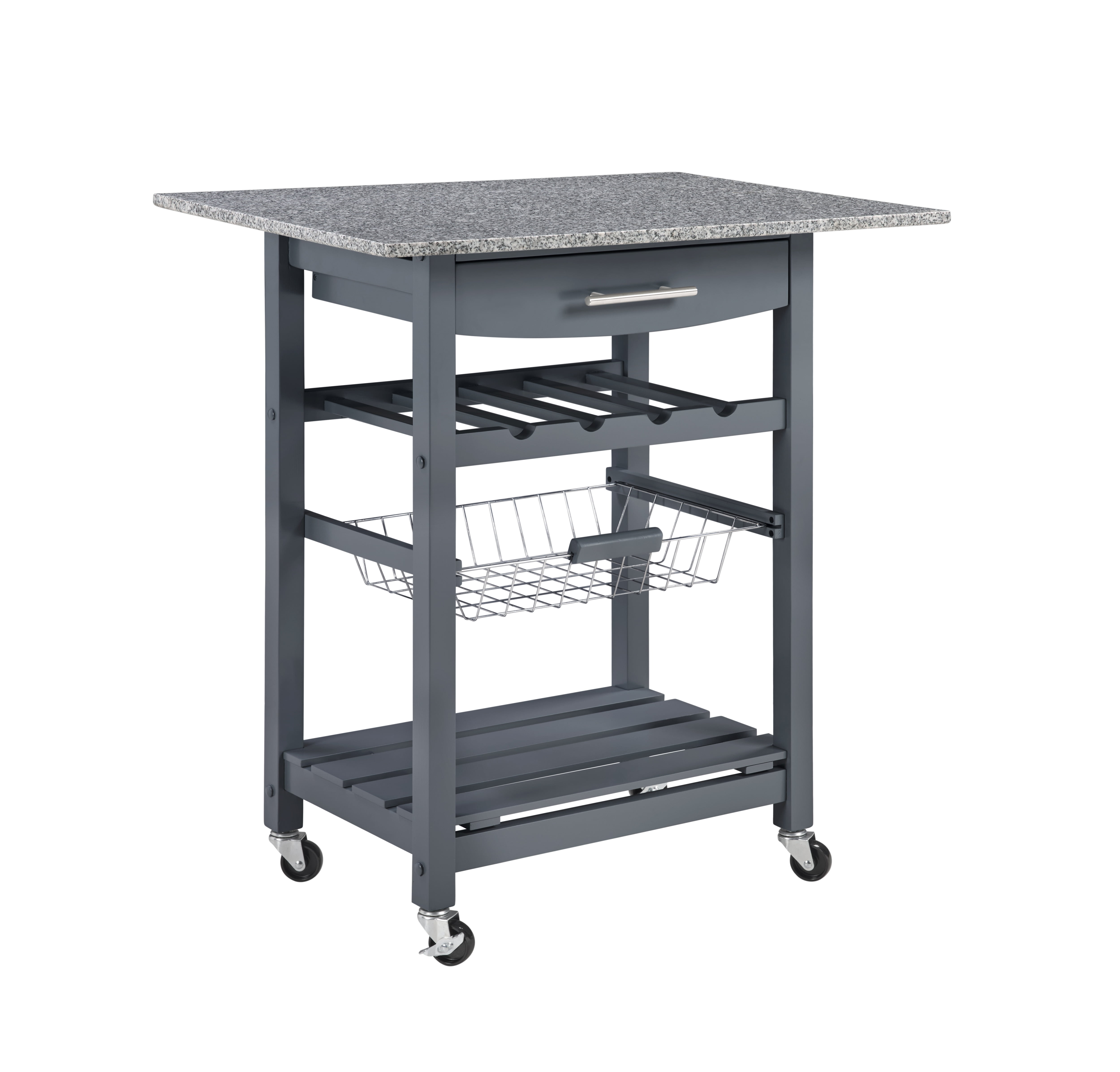 MAYEERTY Mobile Rolling Kitchen Island Trolley with Marble Top, Drawer & Storage Basket ,Grey