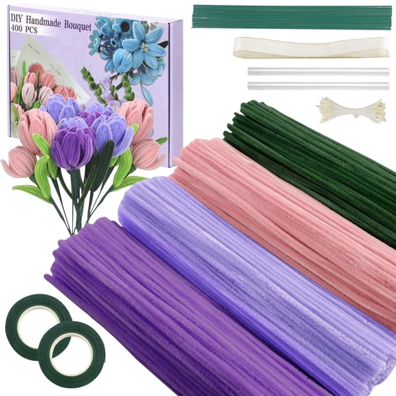 MTBLYS 400 Pcs Pipe Cleaners Craft Kit for Making Flowers, Diy Floral Bouquet Set with Chenille Stems, Stamen, Ribbon and Guide - 4 Colors, Handmade Gift