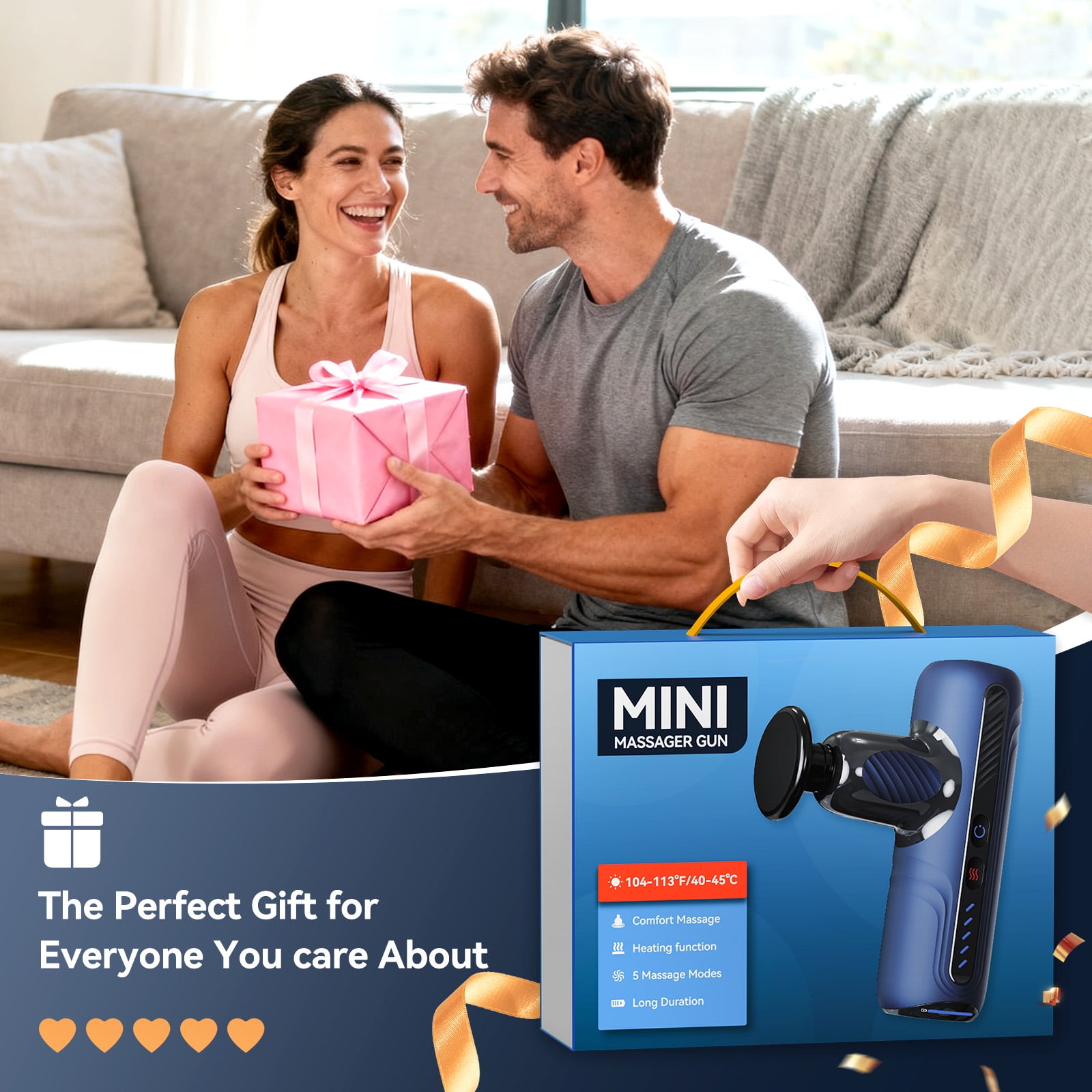 Mini Portable Massage Gun - with Heat Therapy Function & Quiet Brushless Motor, 5 Speed Levels & 4 Massage Heads, Black/Deep Blue Options, Built-in Battery for Long Usage Time.