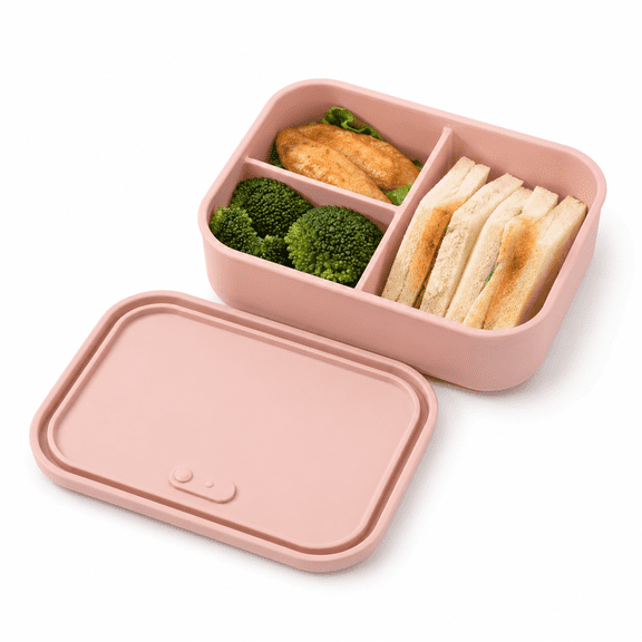 ABCISI 28 oz Silicone Lunch Box, 3 Compartment Reusable Meal Prep Container with Lid, Microwave Safe Food Storage Box for Work, Travel, Snacks and Lunch, Dusty Pink