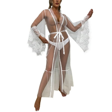 

Women s Lingerie Fashion Tulle Robe Lace Long Nightgown Bathrobe Feather Bridal Robe Lace Underwear Sleepwear for Women White L