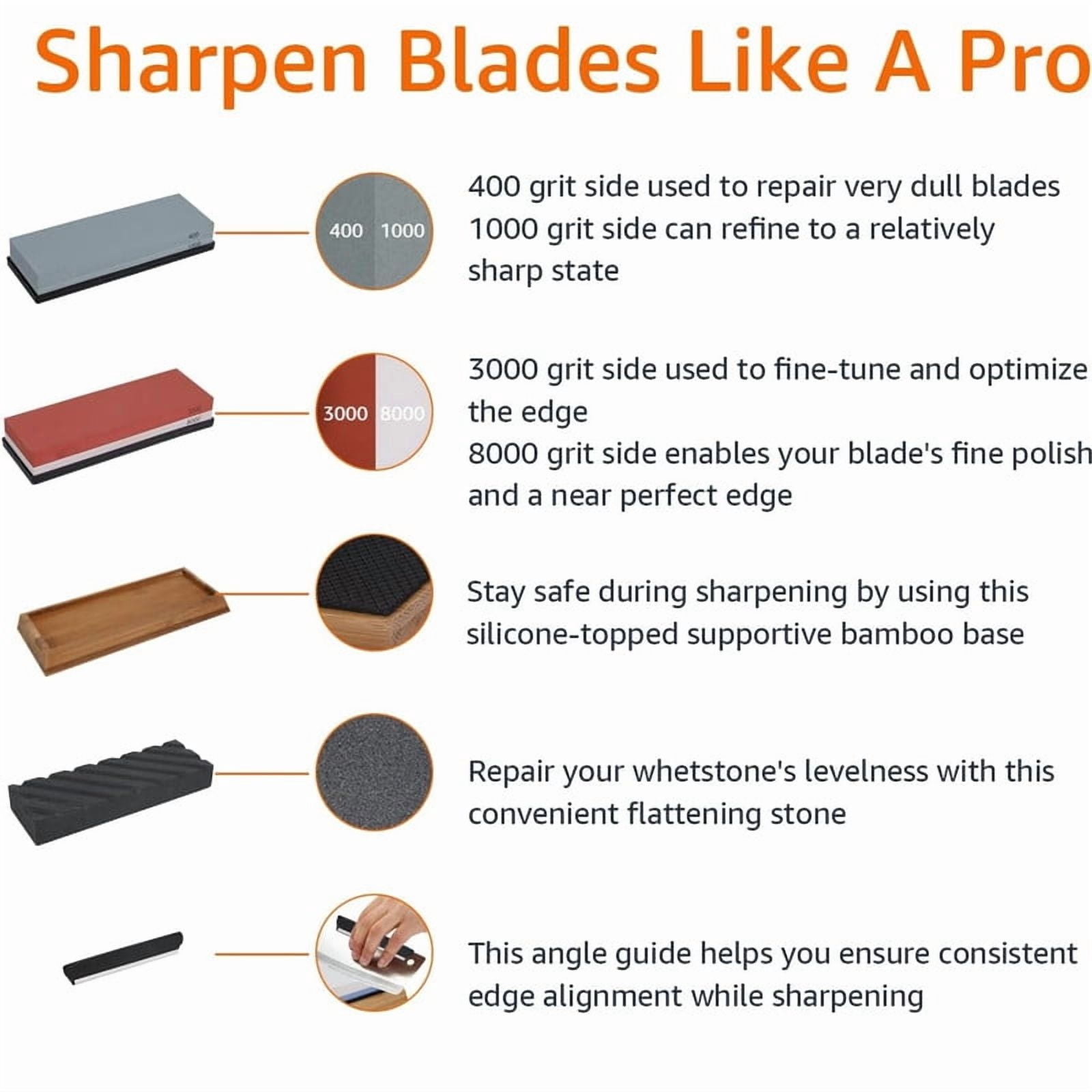 Complete Knife Sharpening Stone Set – Dual Grit Whetstone 400/1000 3000/8000 Knife Sharpener with Leather Strop, Flattening Stone, Bamboo Base & Angle Guide
