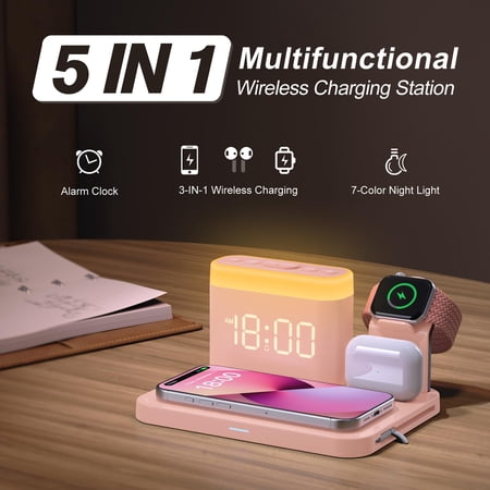 5 In 1 Wireless Charging Station With Alarm Clock 7 Night Light & 0-100% Dimmer Qi Mag-safe Stand For Devices - 17 16 15 14 13 12 Pro Max Plus Air Watch Airpods