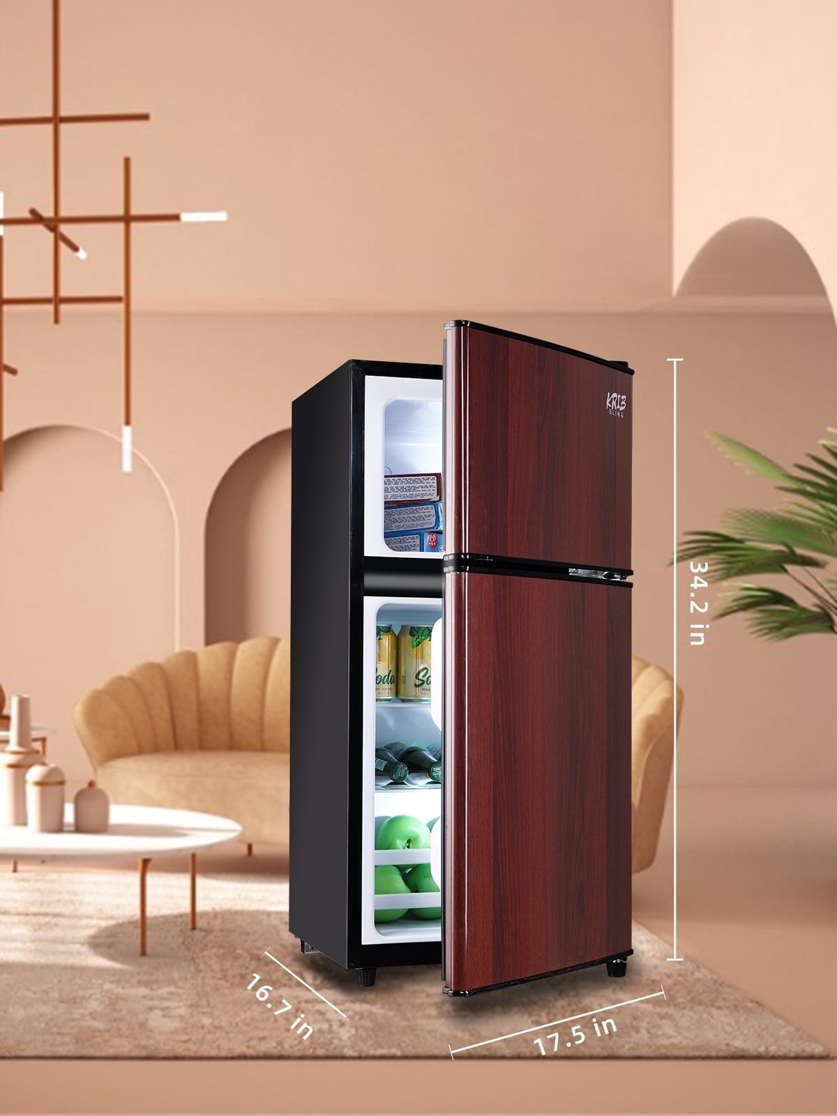 Krib B Compact Refrigerator 3.5 Cu.ft, Mini Fridge with Freezer, Modern Fridge with Dual Door, 7 Grade Temperature Adjustment, Wood