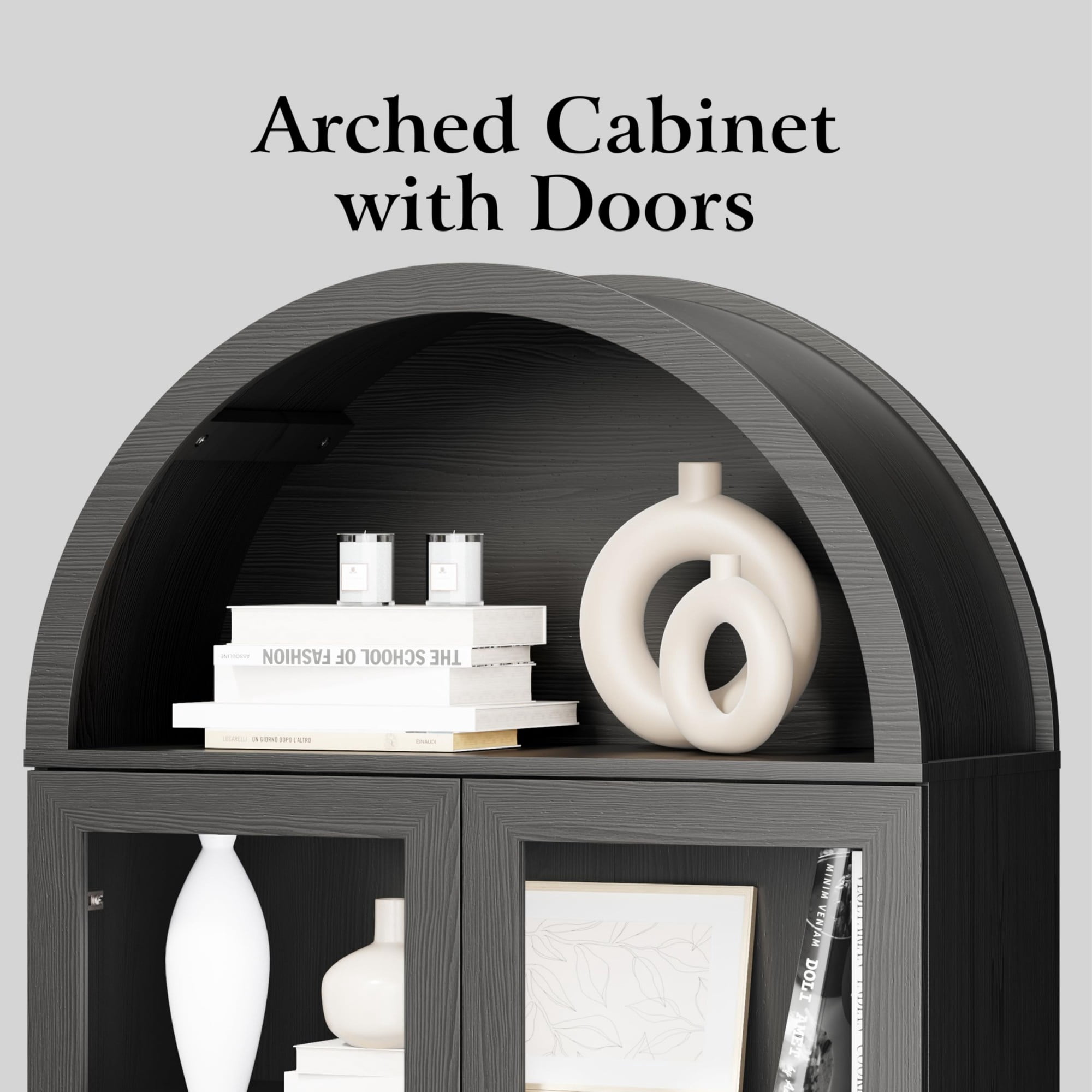 71 Inch Arched Cabinet with Glass Sliding Doors, Fluted Tall Pantry Cabinet with Adjustable Shelves, Black