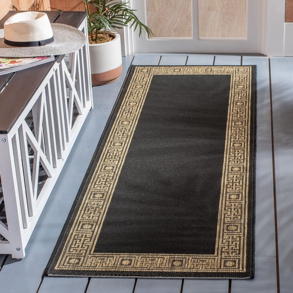 SAFAVIEH Courtyard Chase Oriental Indoor/Outdoor Runner Rug, Black/Coffee, 2'3" x 6'7"