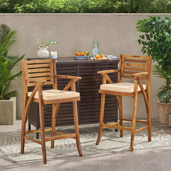 Outdoor Patio Bar Stools Set of 2 – Solid Acacia Wood with Water-Resistant Cushion | Walnut Brown | Slat Back