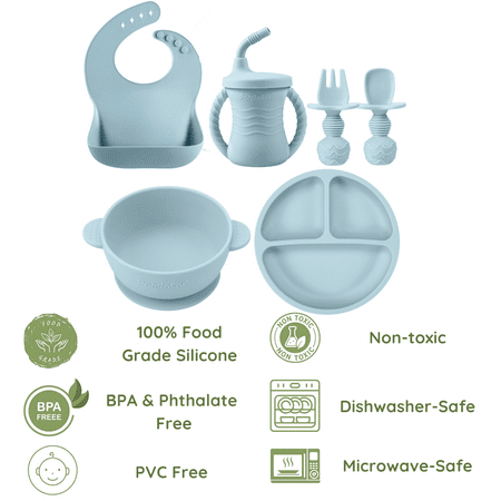 PandaEar 12-Piece Silicone Baby Feeding Set with Adjustable Bib, Suction Bowl, Straw Cup