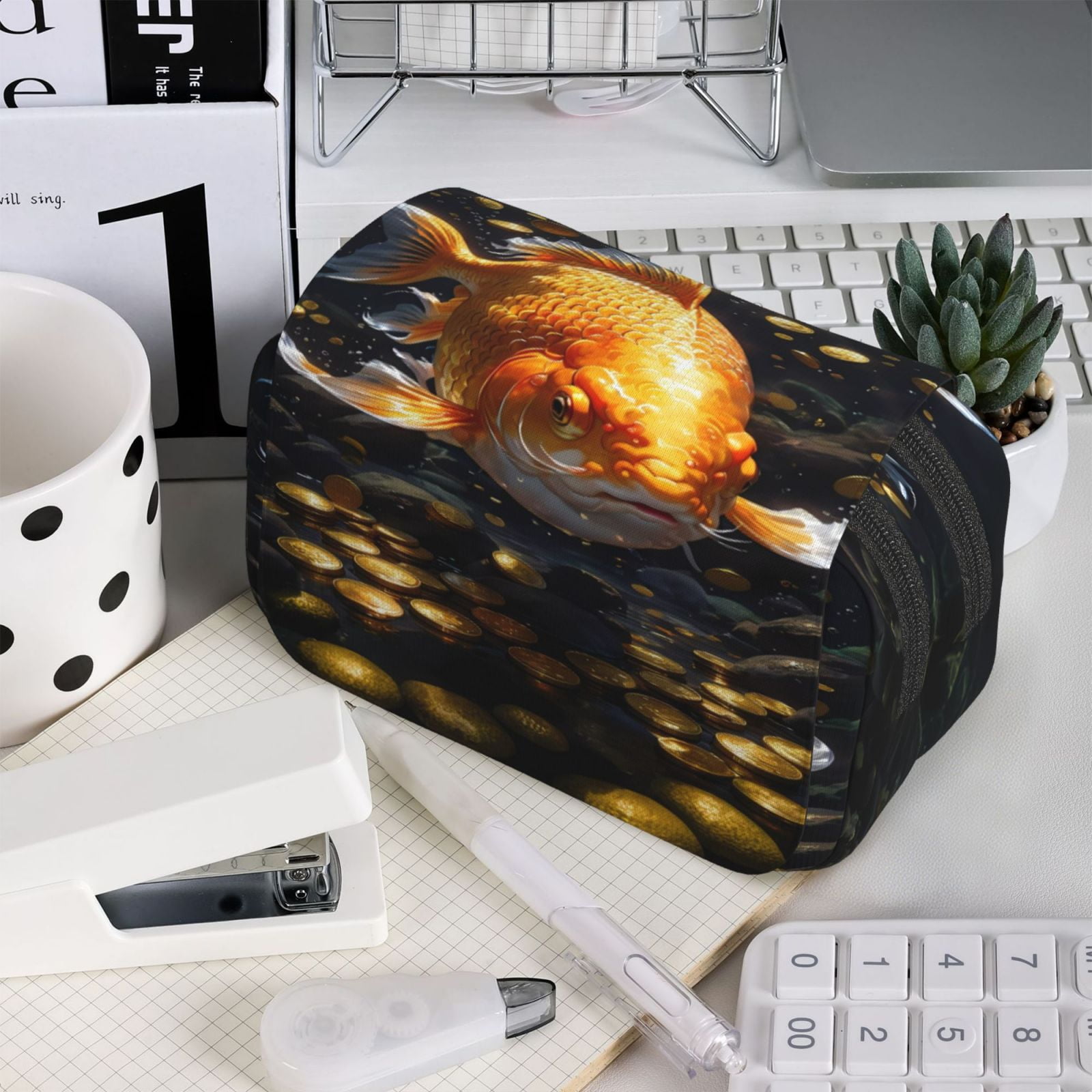 Rateoe Golden Koi And Treasure Pattern Double Clamshell Pen Case, Storage Organizer with Two Zipper Compartments– Holds Up to 50 Pencils & Pens