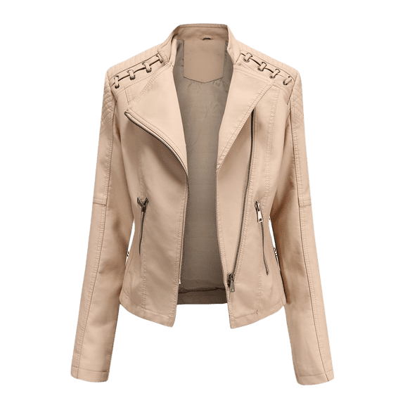 Fesfesfes Leather Jacket for Women Lapel Motor Jacket Coat Zip Biker Short Punk Cropped Tops