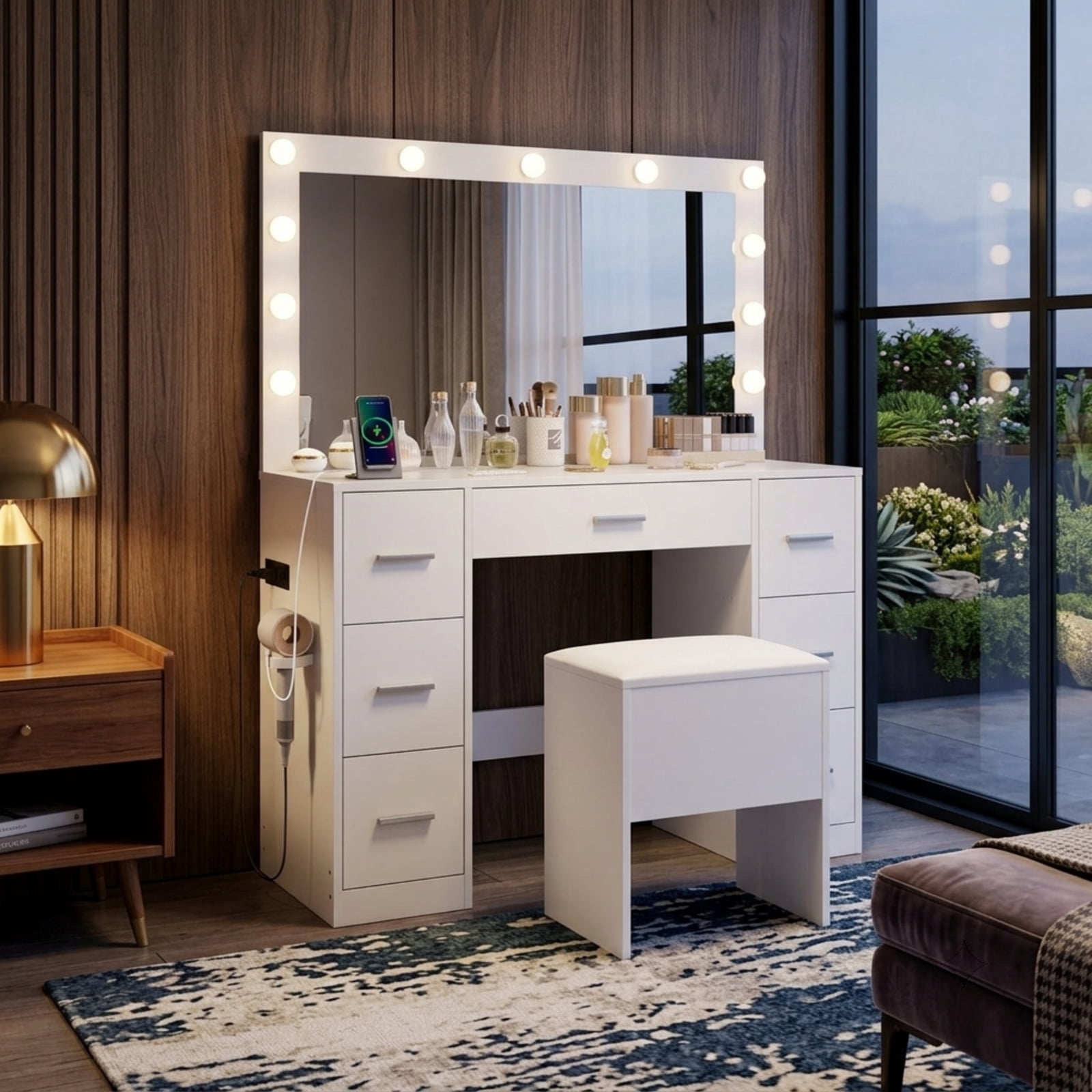 Furnibear 43.5-Inche Vanity Desk with Mirror and Lights for Bedroom for Bedroom Makeup Dressing Room Vanity Desk Mirror Set, White