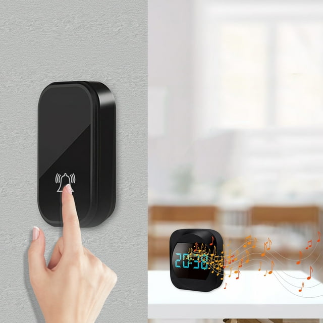 Self-Powered Wireless Doorbell with Digital Clock & Temperature Display, IP44 Weatherproof Button, US Plug Receiver for Home/Office