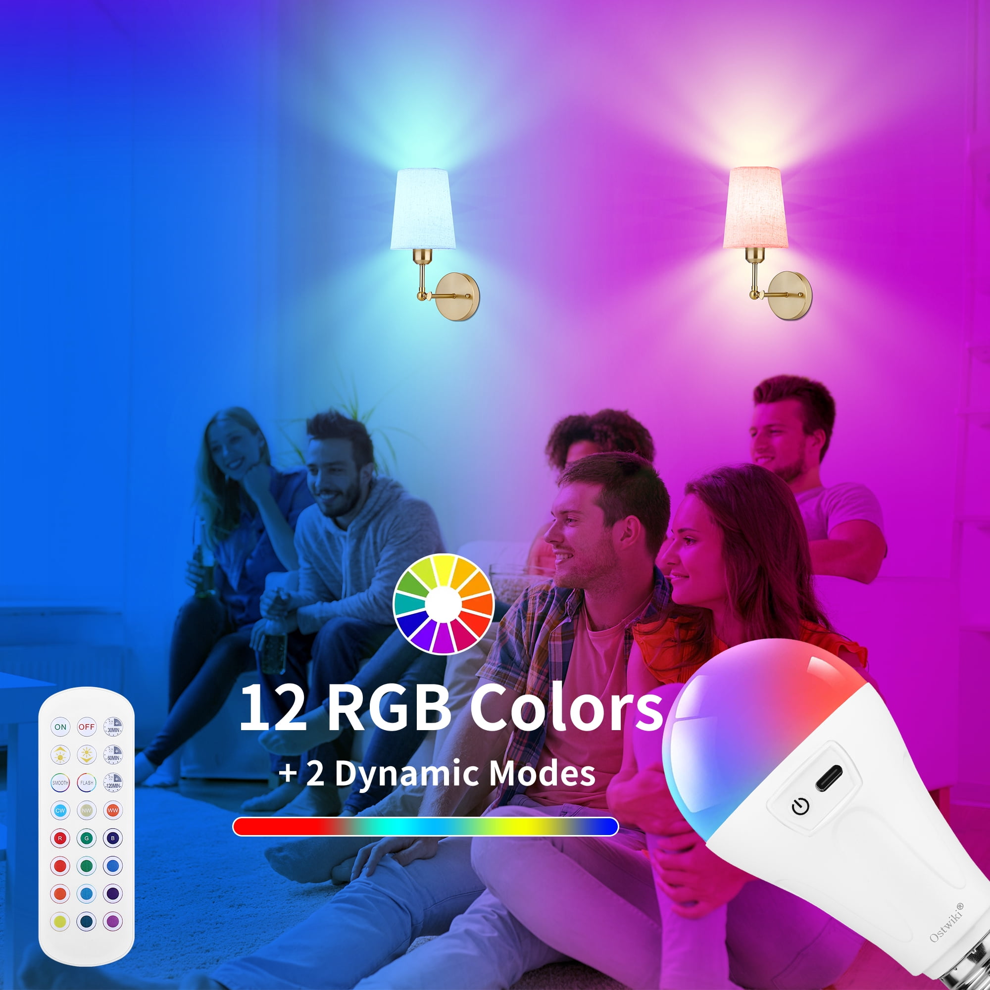 Battery Operated Wall Sconce Set of Two,Modern Gold Rechargeable Wall Lights with 5200mAh RGB Bulb and Remote Control,270°Rotation Dimmable Battery Powered Wireless Wall lamps for Bedroom Living Room