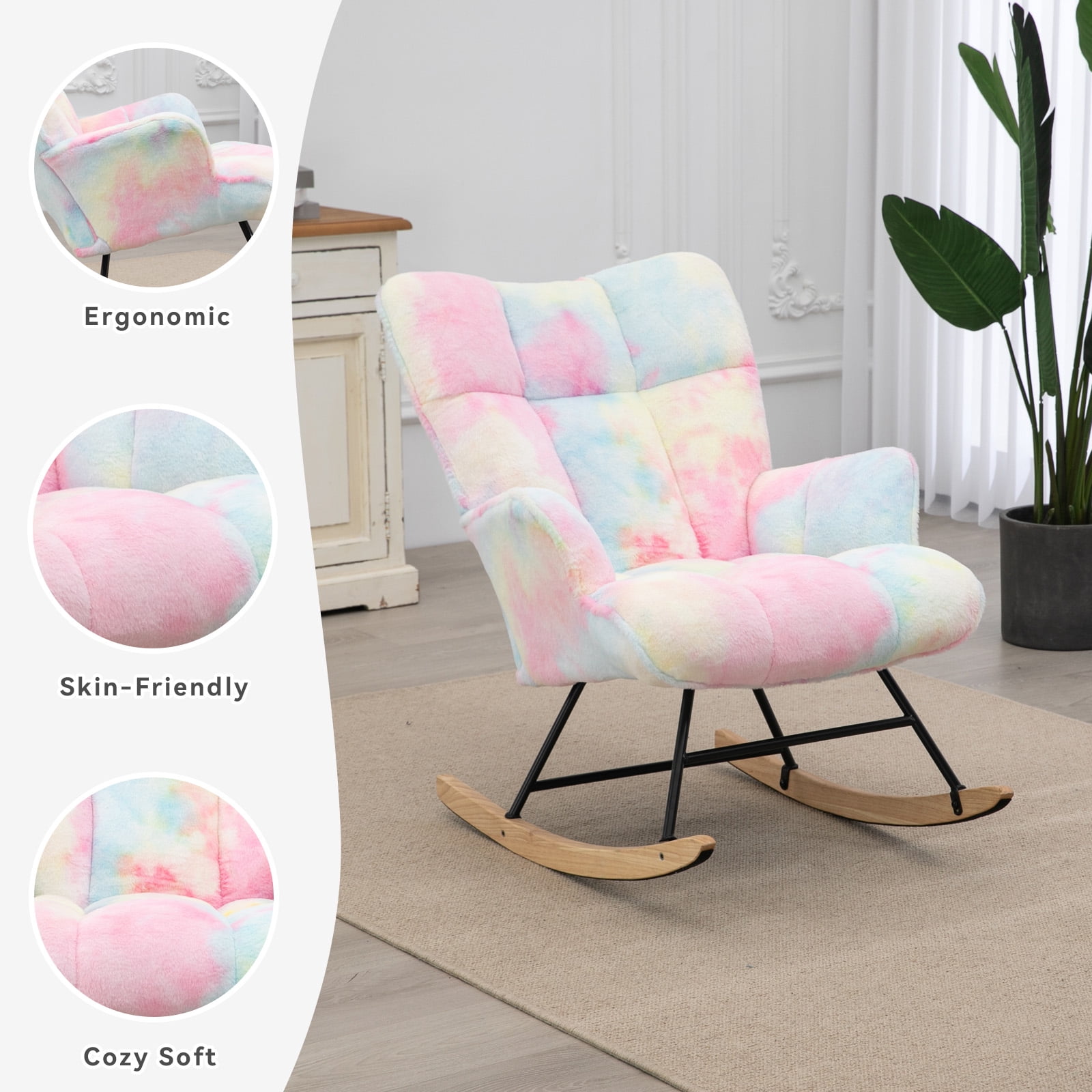 Nursery Rocking Chair, Upholstered Glider Rocker with High Backrest, Comfortable Stylish Accent Armchair with Padded Seat for Living Rooms, Bedrooms, Offices