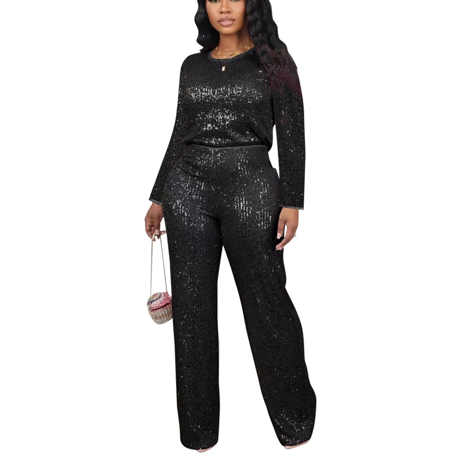 Womens Petite Lounge Sets 2 Piece Outfits Fall Linen Outfits Women 2 Piece Plus Women's Solid Color Sequin Fashion Suit Comfortable Casual Long Sleeve Pants Two-piece Set