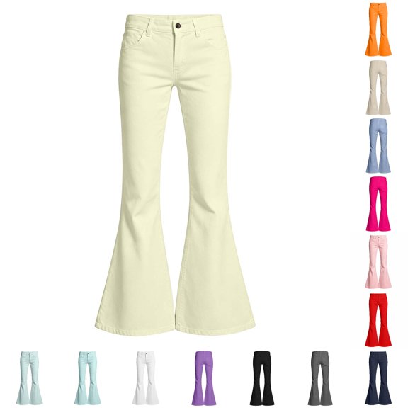 Sonxahe Toddler Girl's Solid Flared Denim Jeans Mid Rise Stretch Casual Trousers Bottoms,Beige