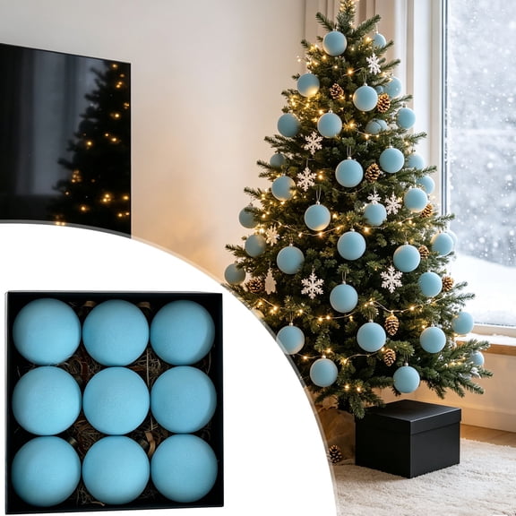 Aurorax Flocked Christmas Ball Ornaments Set,9 Pcs Velvet Christmas Ball Ornaments for Tree,Hanging Plastic Blue Shatterproof Christmas Tree Ornaments Balls Sets for Home Indoor Holiday Party